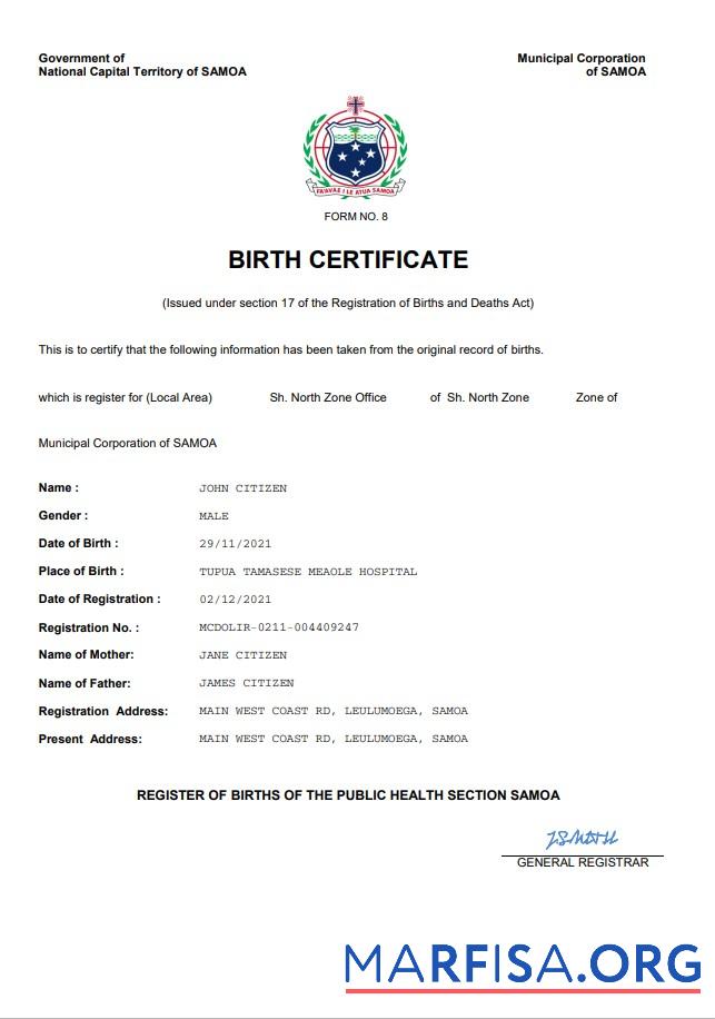 Realistic Samoa vital record birth certificate Word and PDF template